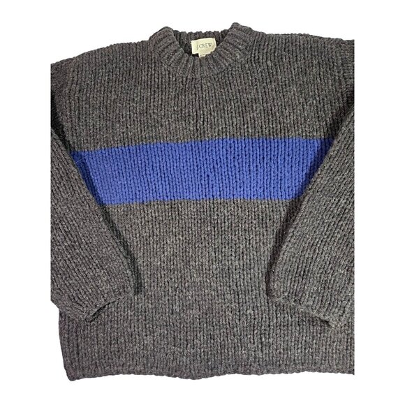 VTG J.CREW Mens 90's Grey Blue Stripe Wool Hand Knit Chunky Sweater - Size Large - Picture 2 of 6